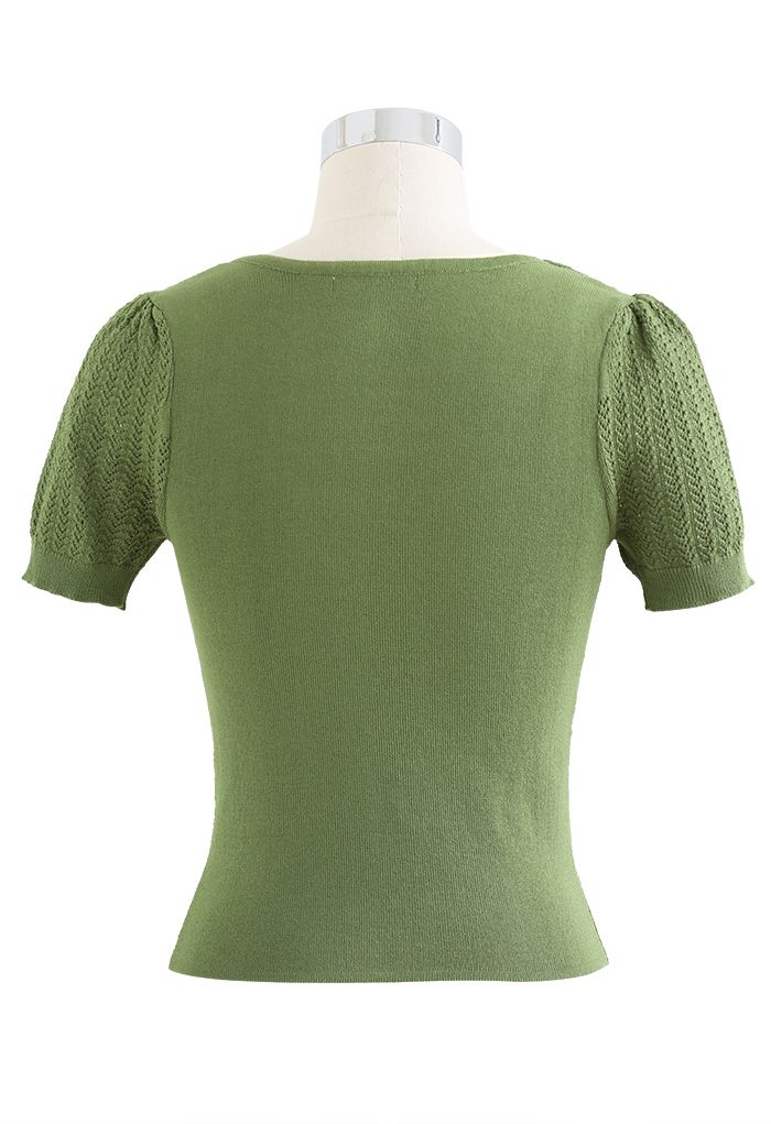 Twist Neck Hollow Out Knit Spliced Top in Green