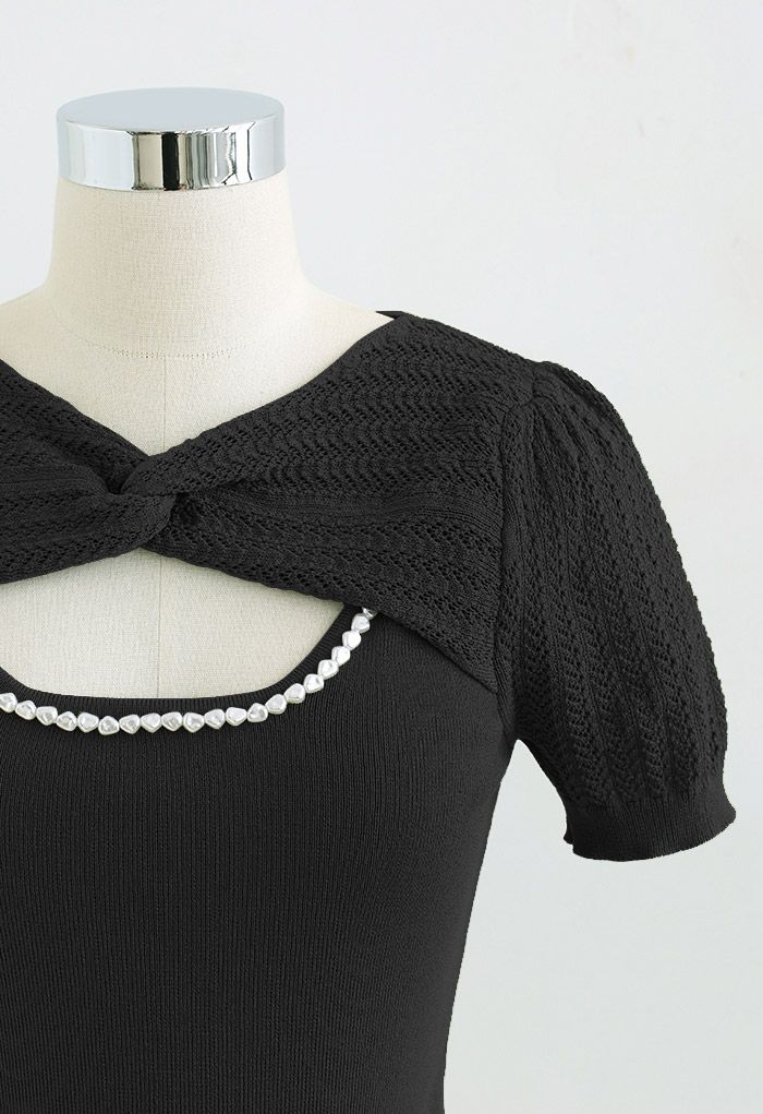 Twist Neck Hollow Out Knit Spliced Top in Black