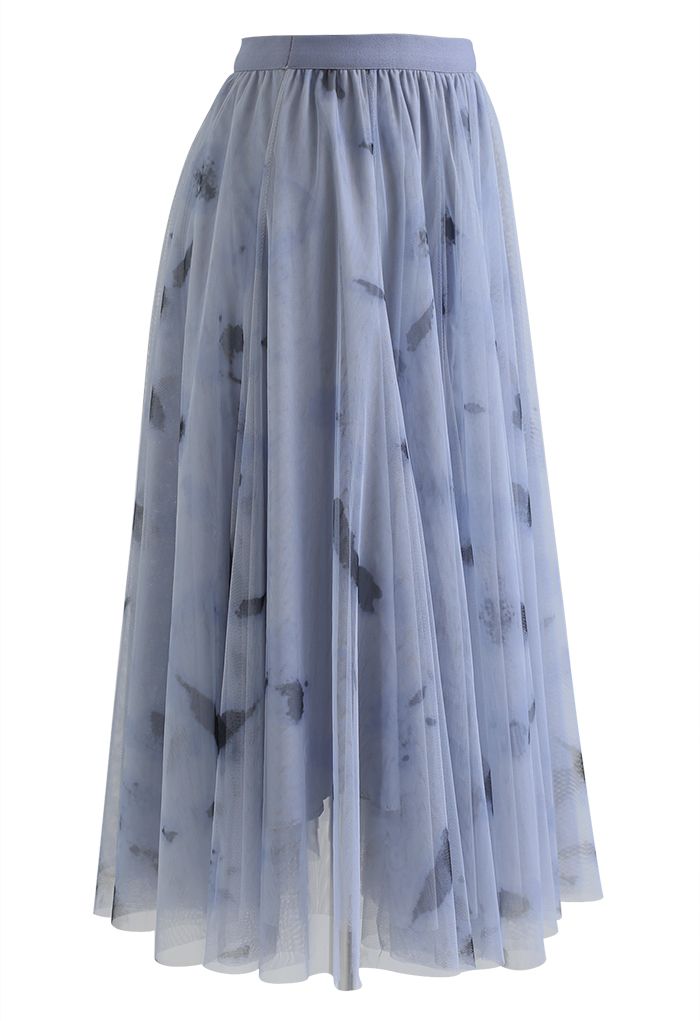 Splash-Ink Panelled Mesh Tulle Midi Skirt in Dusty Blue