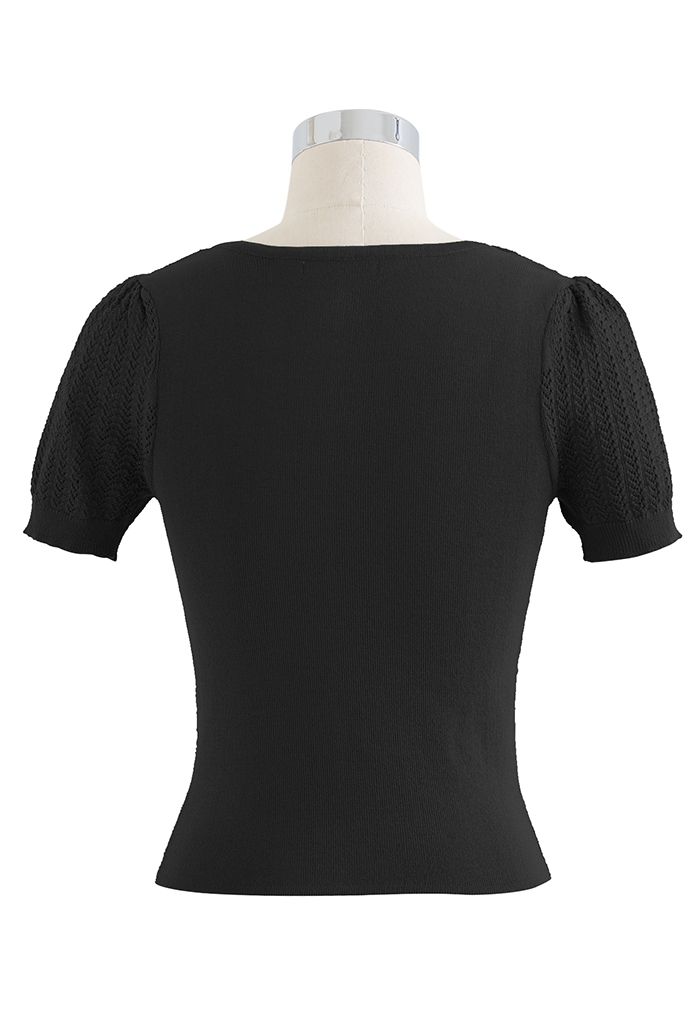 Twist Neck Hollow Out Knit Spliced Top in Black