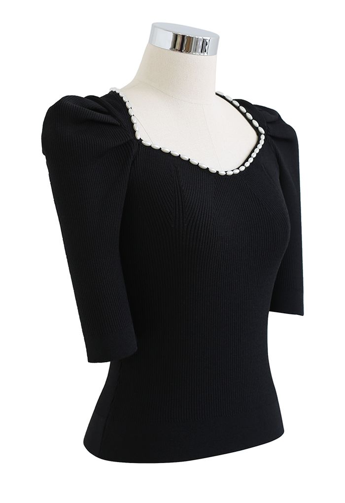 Pearly Neckline Elbow Sleeve Knit Top in Black