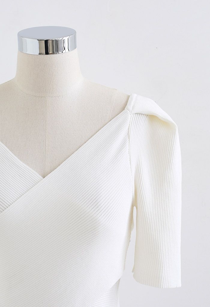 V-Neck Crisscross Front Knit Top in White