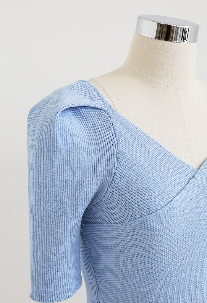 V-Neck Crisscross Front Knit Top in Blue