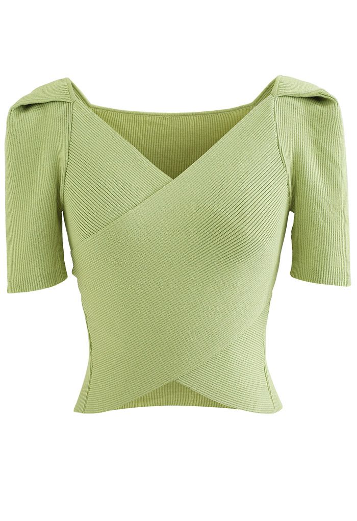 V-Neck Crisscross Front Knit Top in Pea Green