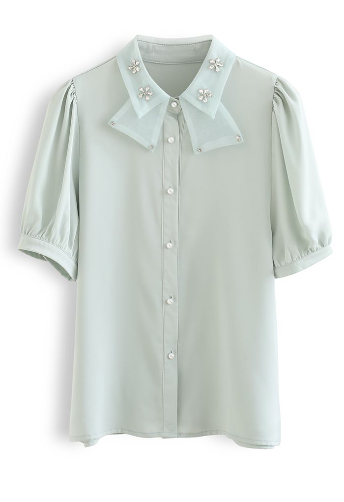 Crystal Flower Button Down Satin Shirt in Mint