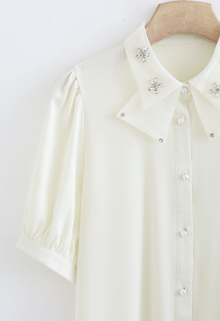 Crystal Flower Button Down Satin Shirt in Cream