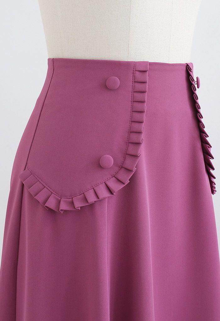 Pleated Fake Pocket Seamed Flare Skirt in Magenta