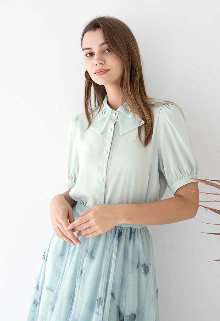 Crystal Flower Button Down Satin Shirt in Mint
