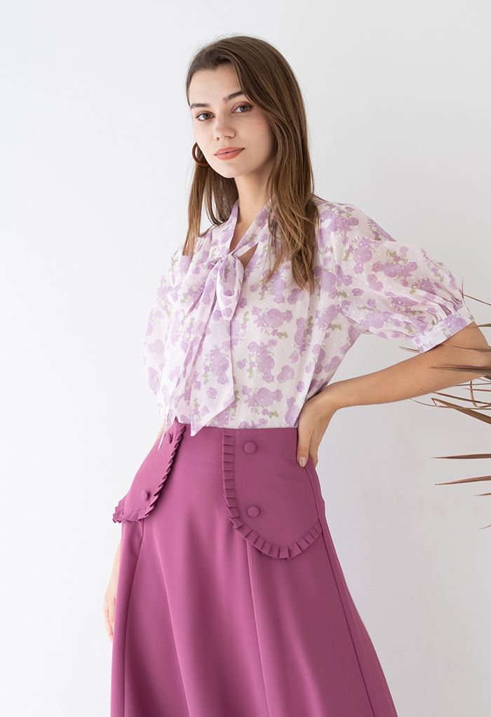 Rose Print Flock Dots Bowknot Chiffon Shirt in Lilac