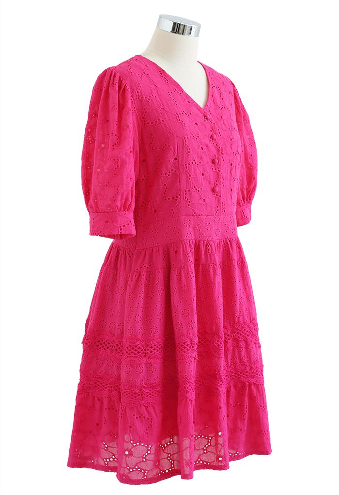 V-Neck Embroidered Eyelet Cotton Dress in Hot Pink