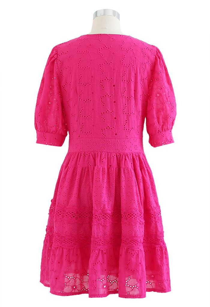 V-Neck Embroidered Eyelet Cotton Dress in Hot Pink