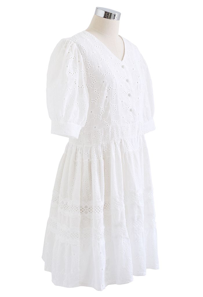 V-Neck Embroidered Eyelet Cotton Dress in White