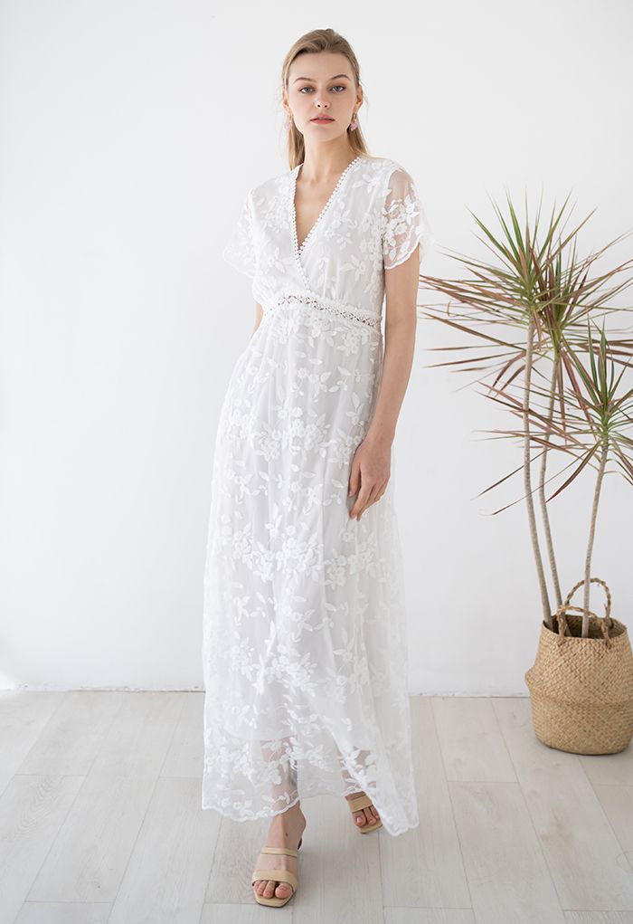 Floral Vine Embroidered Mesh Maxi Dress