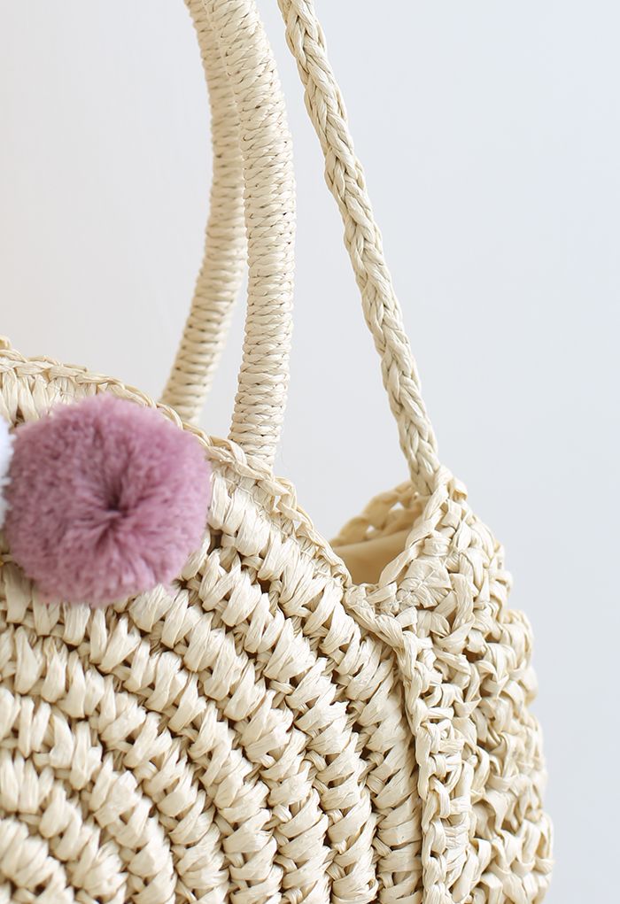 Contrast Ball Round Woven Straw Bag