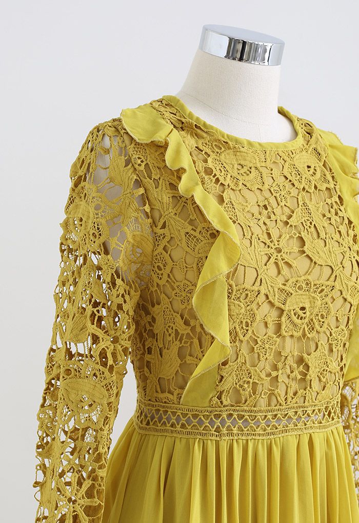 Floral Crochet Chiffon Spliced Pleated Midi Dress in Yellow