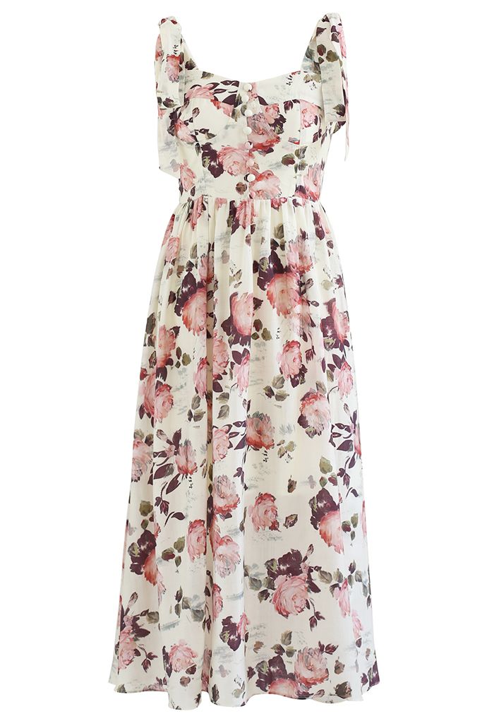 Coral Floral Printed Button Decorated Tie-Strap Dress