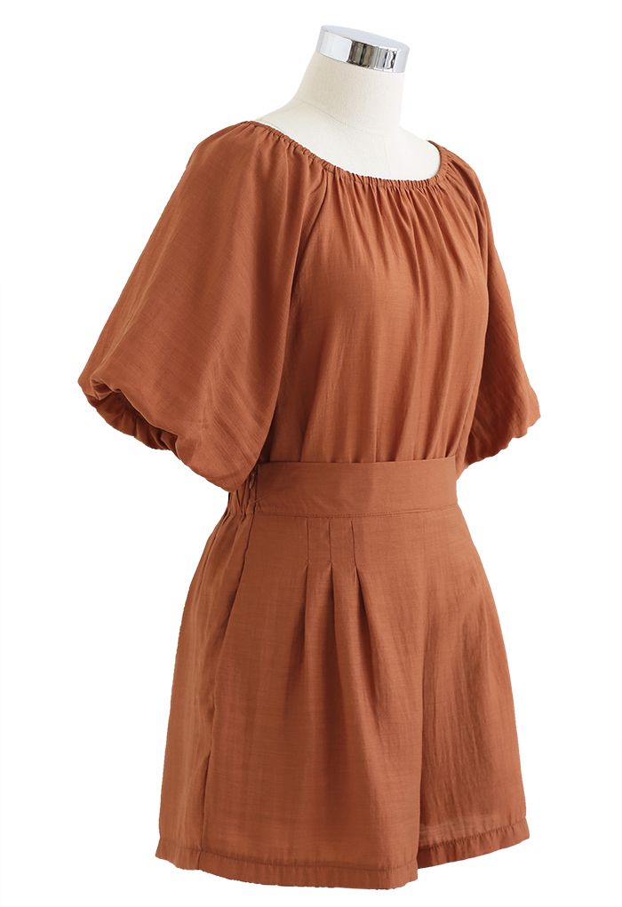 Bubble Sleeve Smock Top and Shorts Set in Rust Red