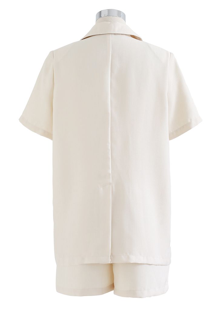Pockets Padded Shoulder Textured Blazer and Shorts Set in Cream