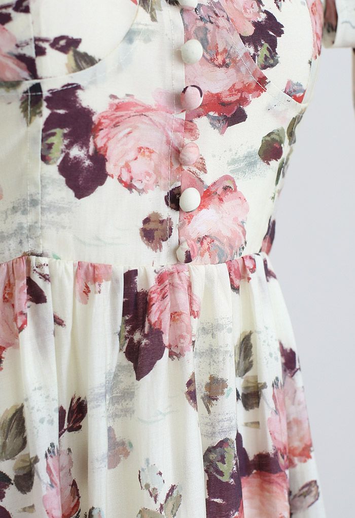 Coral Floral Printed Button Decorated Tie-Strap Dress