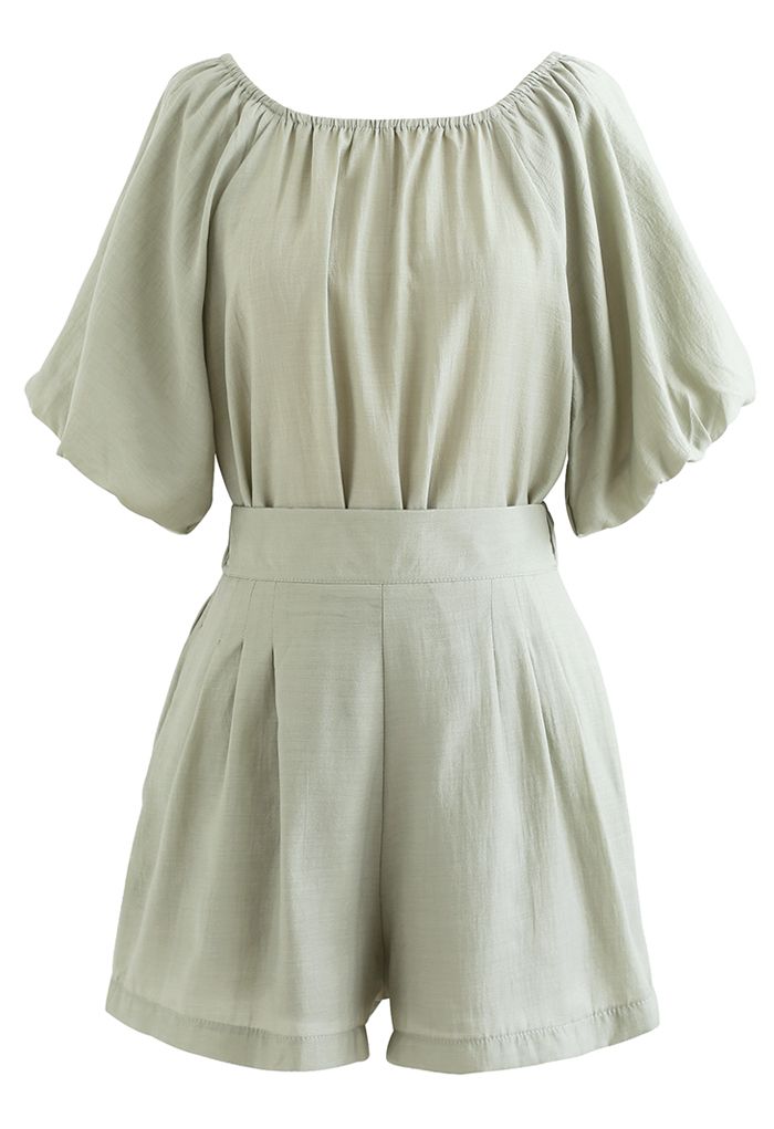 Bubble Sleeve Smock Top and Shorts Set in Pea Green