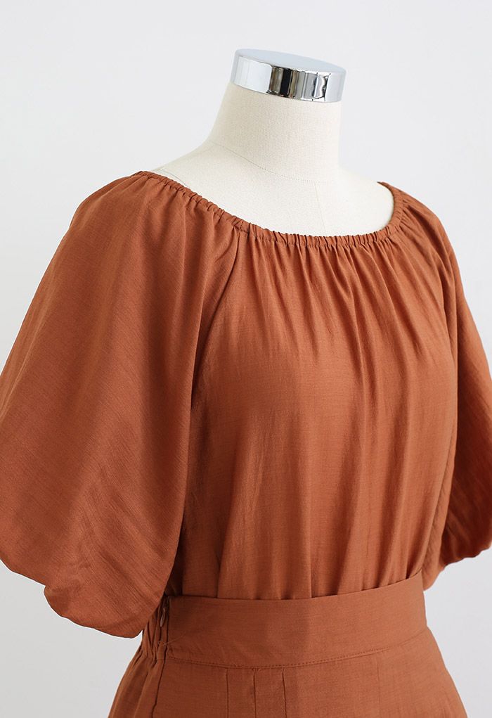 Bubble Sleeve Smock Top and Shorts Set in Rust Red