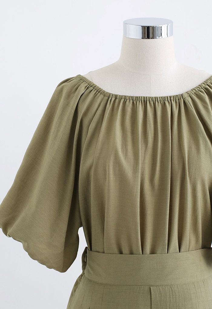 Bubble Sleeve Smock Top and Shorts Set in Army Green