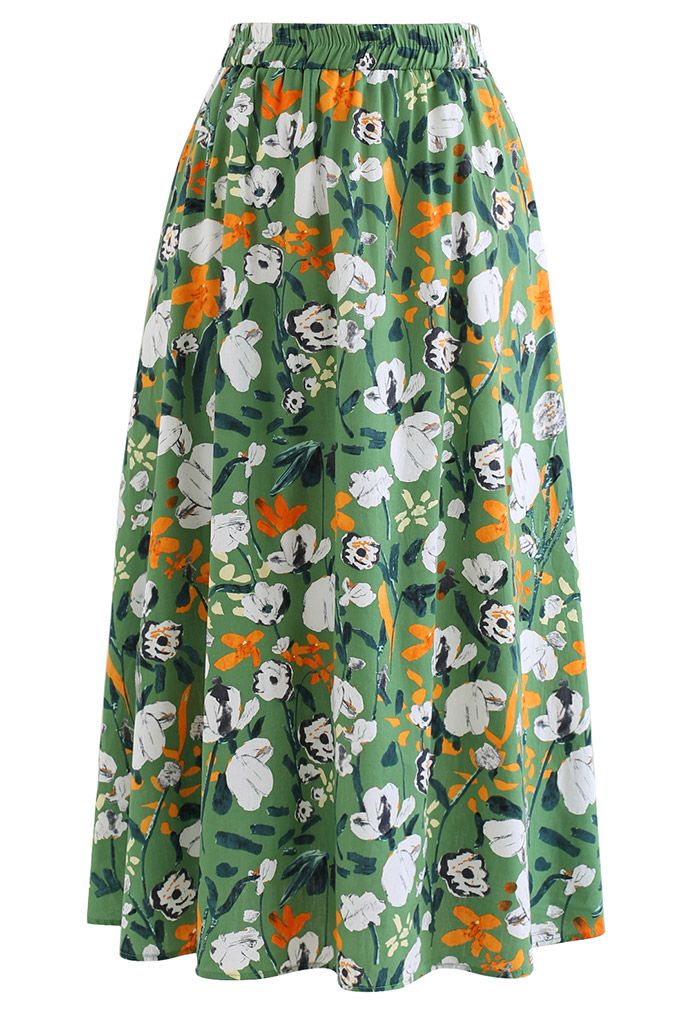 Brilliant Flower Cotton Midi Skirt in Green