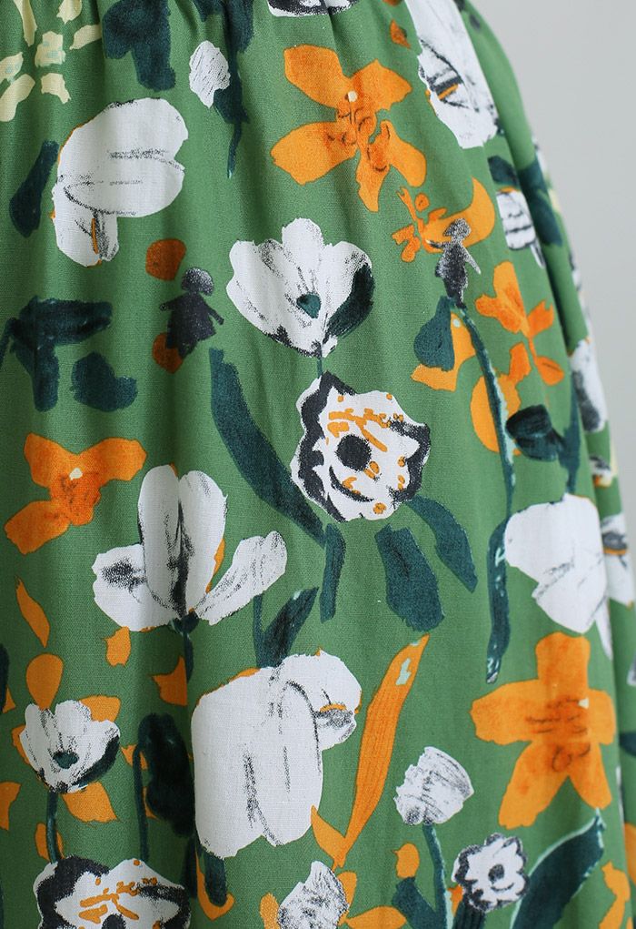 Brilliant Flower Cotton Midi Skirt in Green
