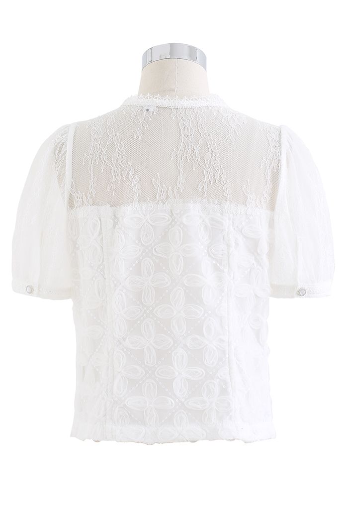 Embroidered Mesh Sequin Buttoned Crop Top in White