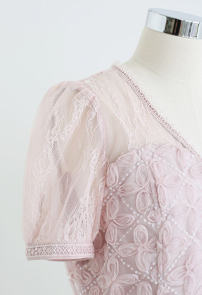 Embroidered Mesh Sequin Buttoned Crop Top in Pink