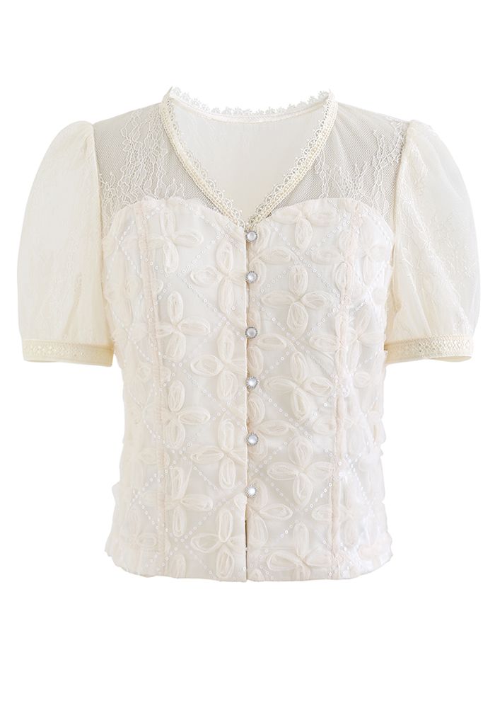 Embroidered Mesh Sequin Buttoned Crop Top in Cream