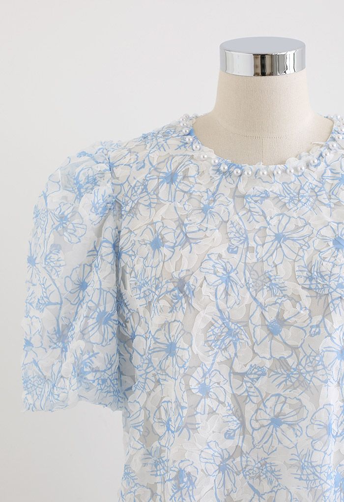 Pearly Neck Flower Mesh Top in Blue