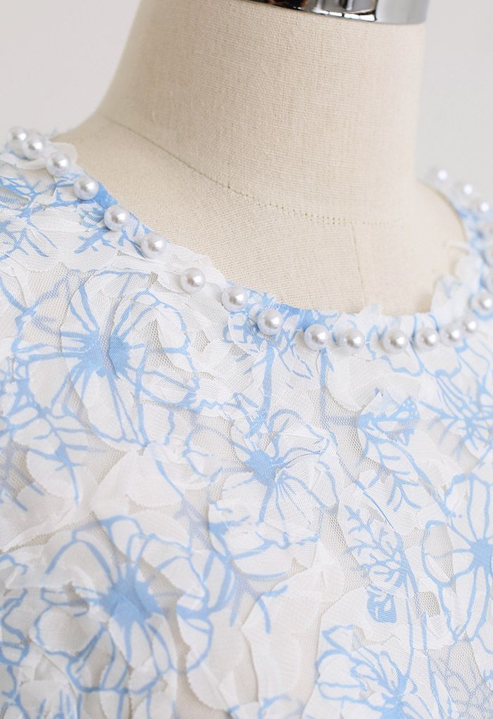 Pearly Neck Flower Mesh Top in Blue