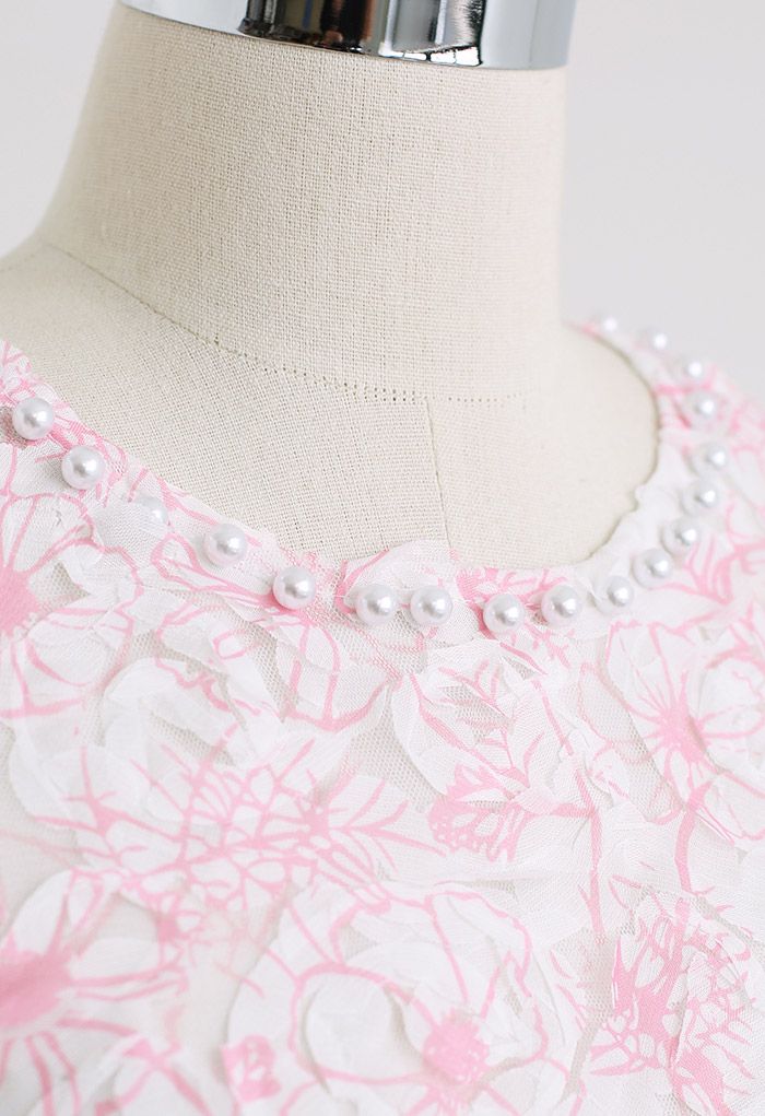 Pearly Neck Flower Mesh Top in Hot Pink