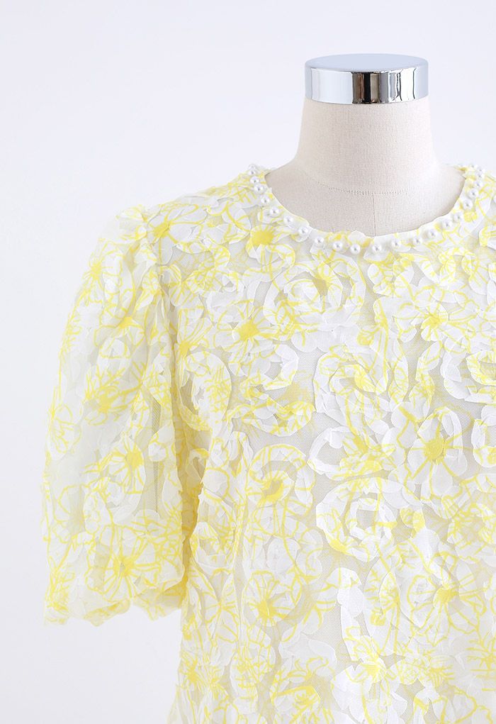 Pearly Neck Flower Mesh Top in Yellow