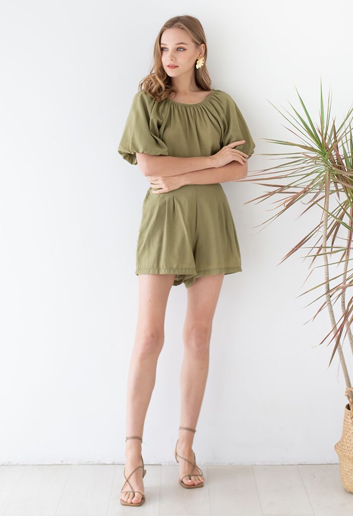 Bubble Sleeve Smock Top and Shorts Set in Army Green