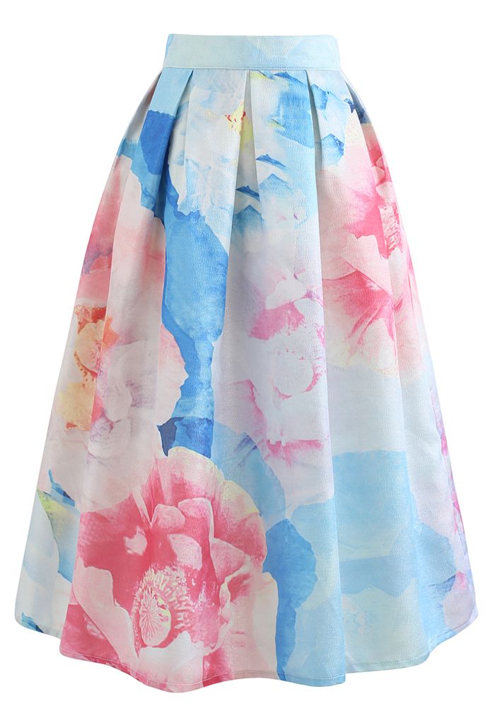 Bloom in Watercolor Printed Midi Skirt 