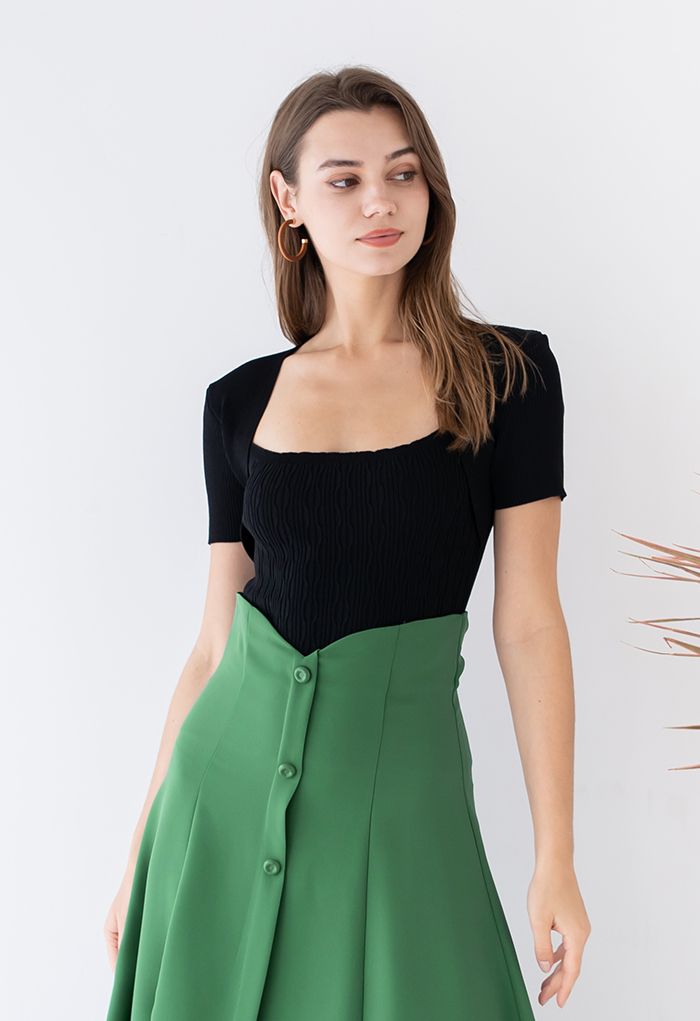 Square Neck Contrast Ribbed Knit Top in Black - Retro, Indie and Unique ...