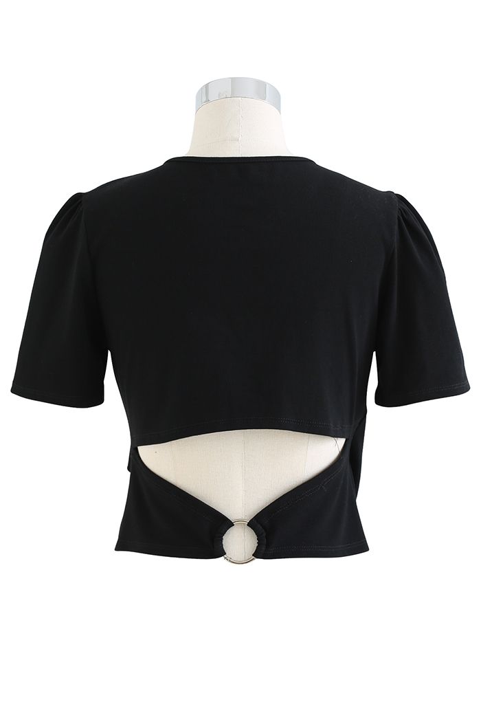 Cut Out Back Faux-Wrap Top in Black