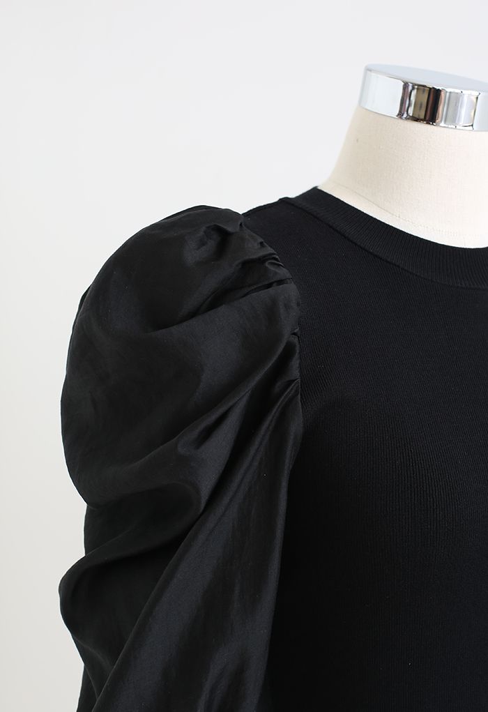 Spliced Bubble Elbow Sleeve Knit Top in Black