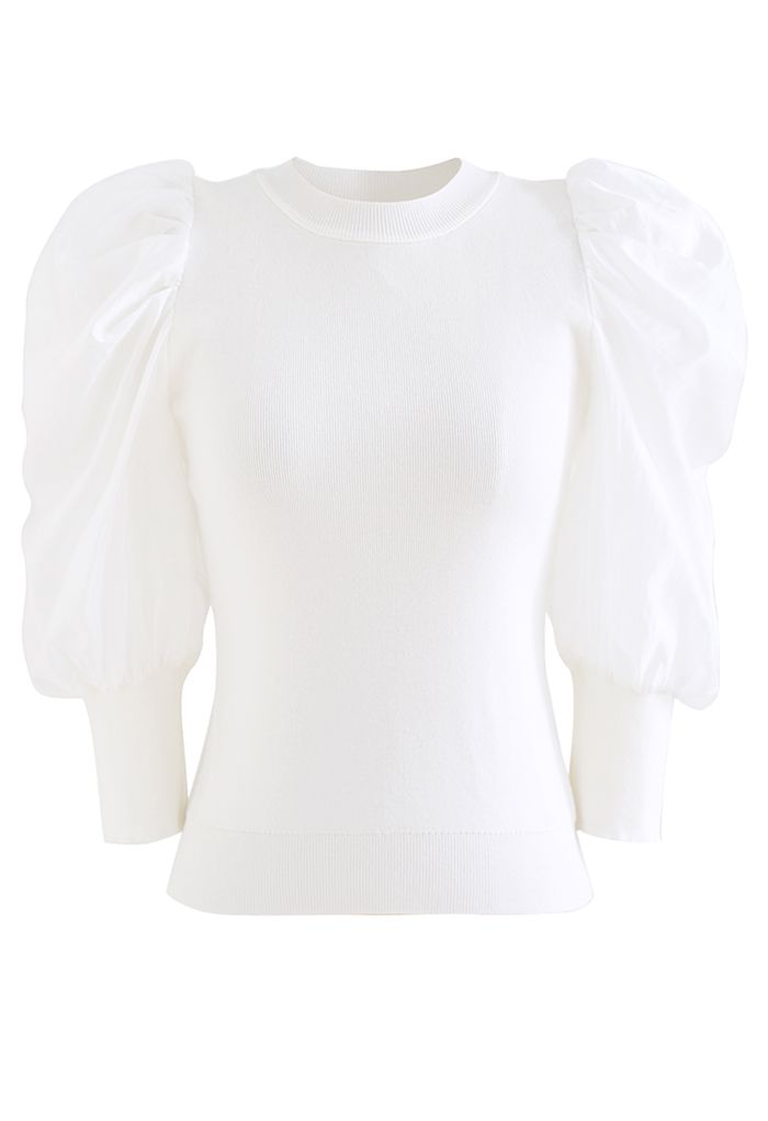 Spliced Bubble Elbow Sleeve Knit Top in White