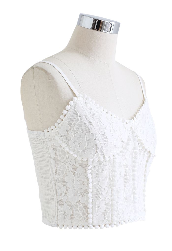 Floral Lace Shirred Back Crop Tank Top in White
