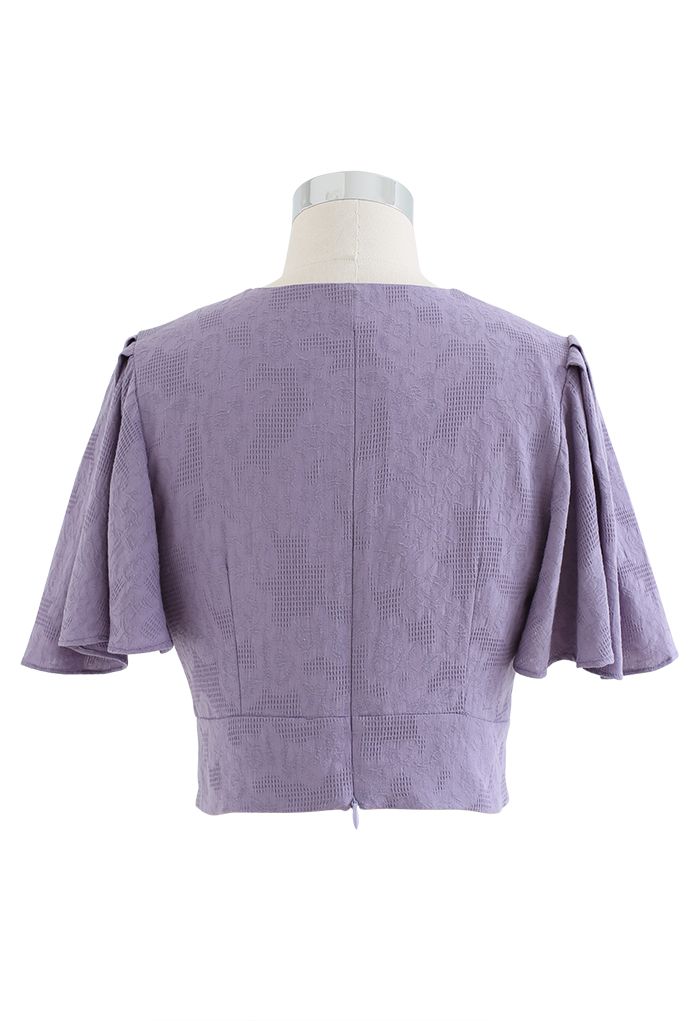 Flutter Sleeve Twist Front Cotton Crop Top in Purple