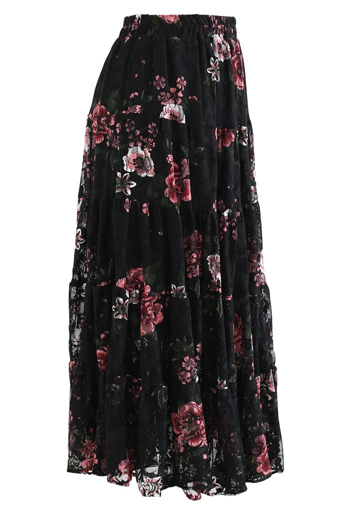 Glorious Peony Soft Lace Skirt in Black