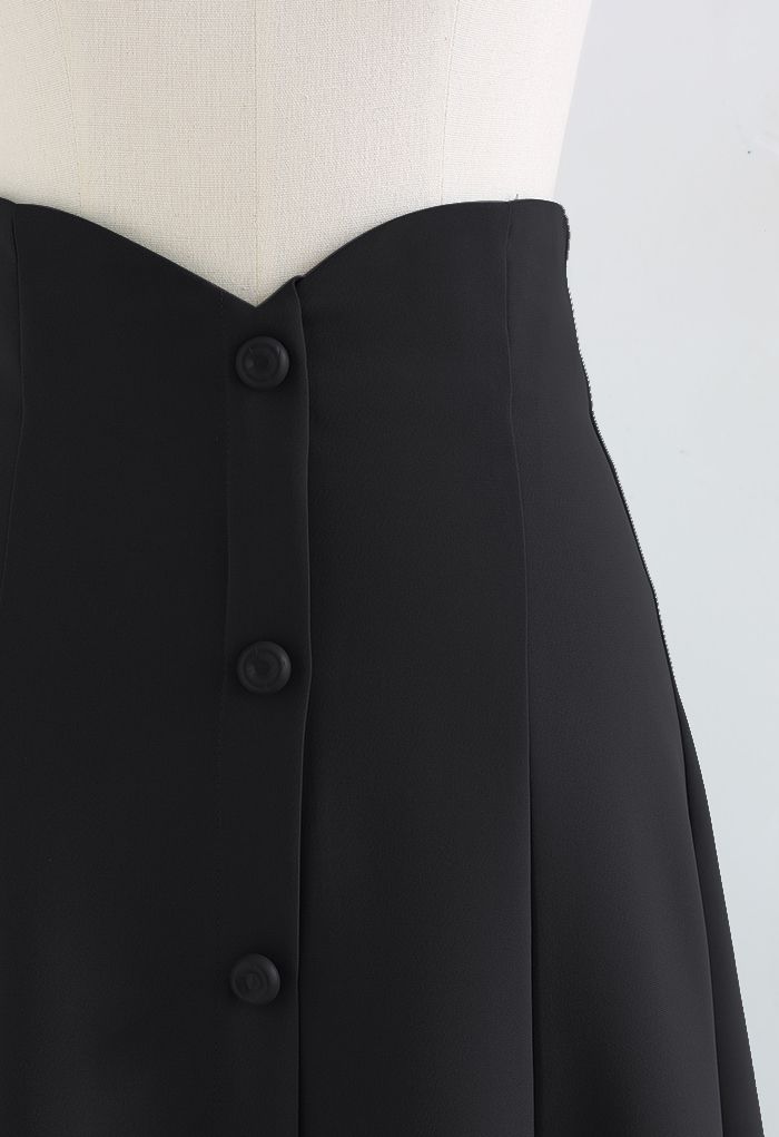 Buttons Trim High Waist Flare Midi Skirt in Black