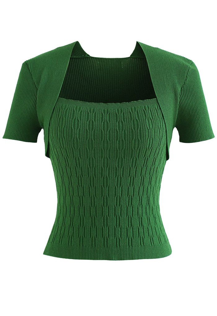 Square Neck Contrast Ribbed Knit Top in Green