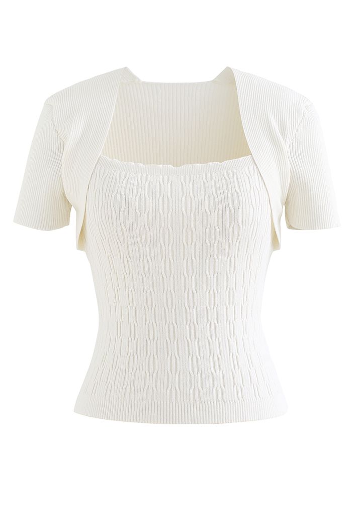 Square Neck Contrast Ribbed Knit Top in White
