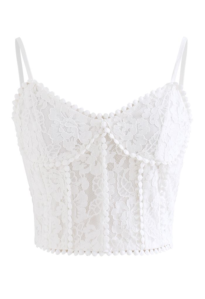 Floral Lace Shirred Back Crop Tank Top in White