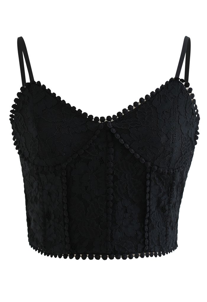 Floral Lace Shirred Back Crop Tank Top in Black