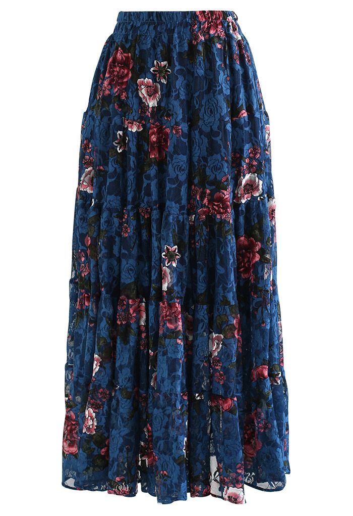 Glorious Peony Soft Lace Skirt in Navy